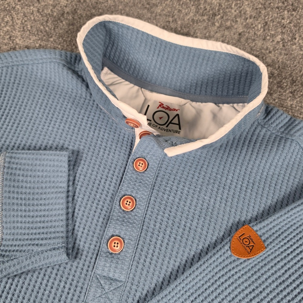 RailRiders Henley Shirt Mens Medium Blue Waffle Knit Thermal LOA Long Sleeve